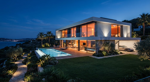 Cinematic architectural rendering of a modern minimalist villa